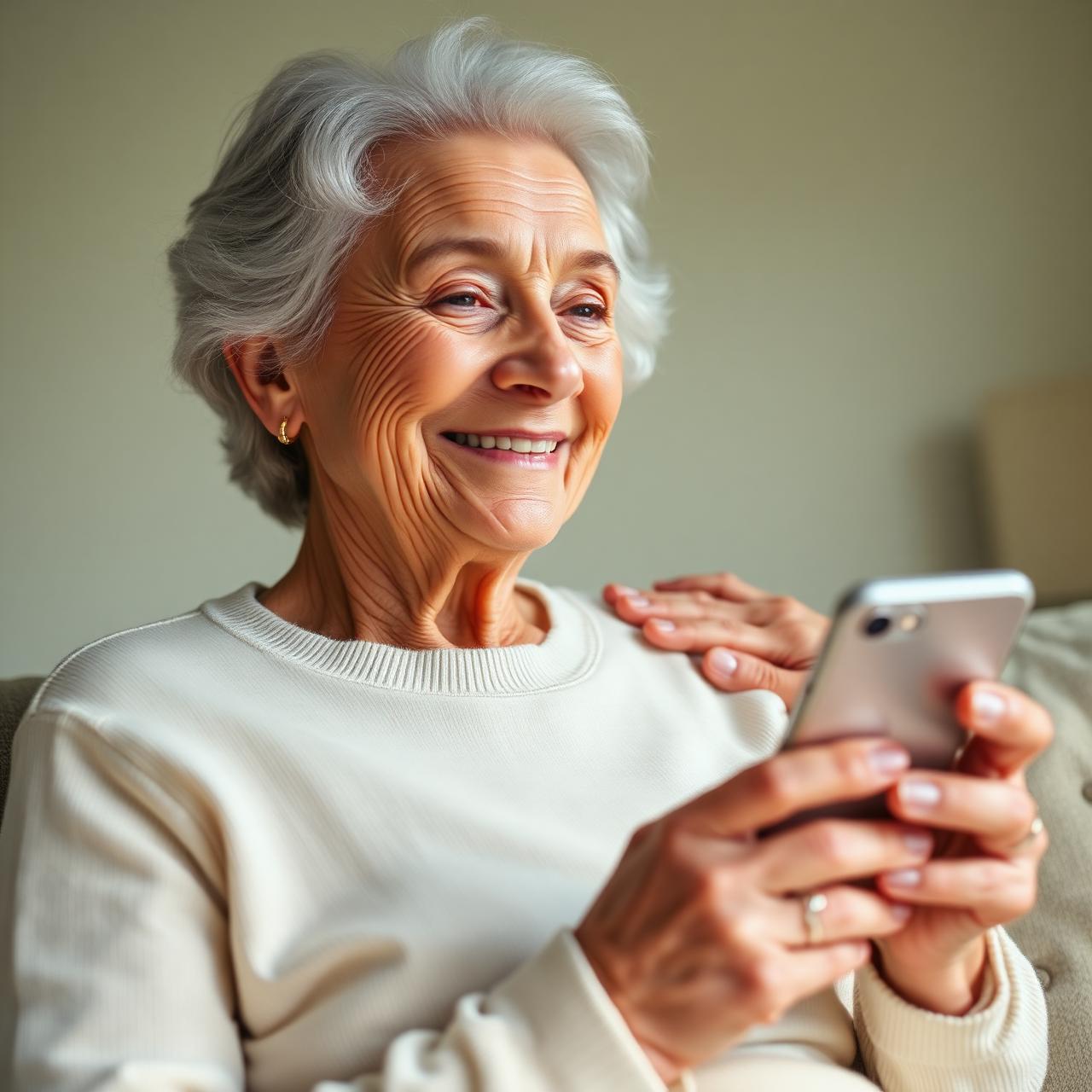 Elderly woman using CareTrackAI on her phone